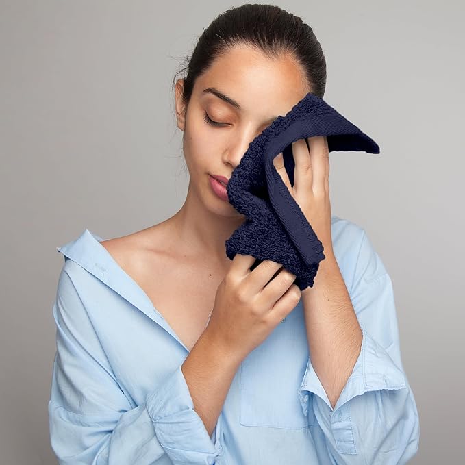Face Towels Pack of 12 – 100% Cotton Wash Cloths (12x12 inch) – Soft, Quick Dry & Highly Absorbent Hand Towels for Bathroom, Spa, Gym, Kitchen and for Daily Use - (Navy Blue)