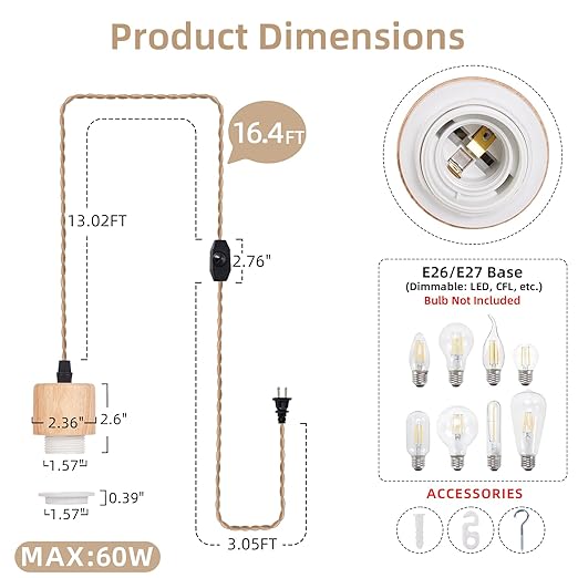 Arturesthome 16.4FT- Wood Pendant Light Cord Kit with Dimmable Switch,Vintage Industrial Hanging Plug in Lamp Cord with Twisted Nylon Rope Socket E26 E27 for Farmhouse Lamp Cable Retro DIY