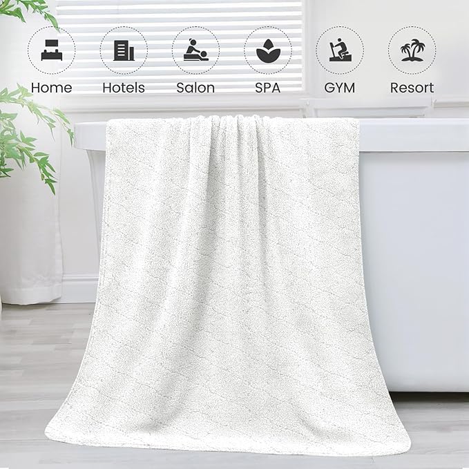 Microfiber Bath Towels Set of 2, 30 in x 60 in, Oversized, Ultra Soft, Super Absorbent, Fast Drying, No Fading Large Bathroom Towel Set for Sport, Travel, Fitness, SPA,Yoga (Coral Fleece - White)