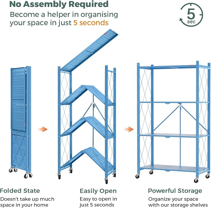 DEANIC 4 Tier Foldable Storage Shelves with Wheels, Large Capacity Shelving Unit, Freestanding Metal Wire Shelf Rack, No Assembly Organizer Rack for Garage Kitchen, Basement, Pantry(Blue Pack of 2)