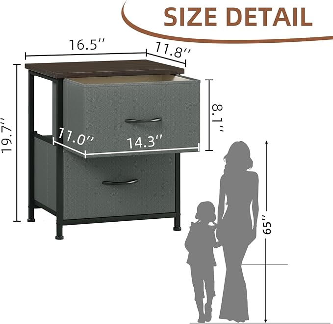 Somdot Nightstand, Small Dresser for Bedroom with 2 Drawers, Bedside Table Night Stand End Table with Fabric Bins for Bedroom Kids Closet Dorm Guest Room, Charcoal Grey