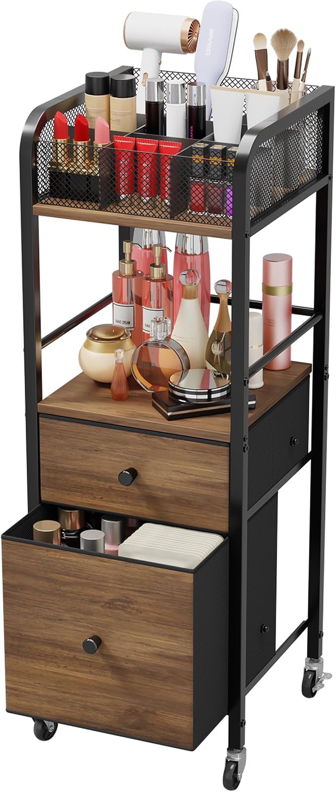 HapiRm Rolling Makeup Cart Organizer - Floor Skincare Make Up Storage with 2 Non-woven Fabric Drawers, Vanity Organizer Cosmetic Display Cases Holder for Skin Care Perfume Nail Polish Brush Hair Tool