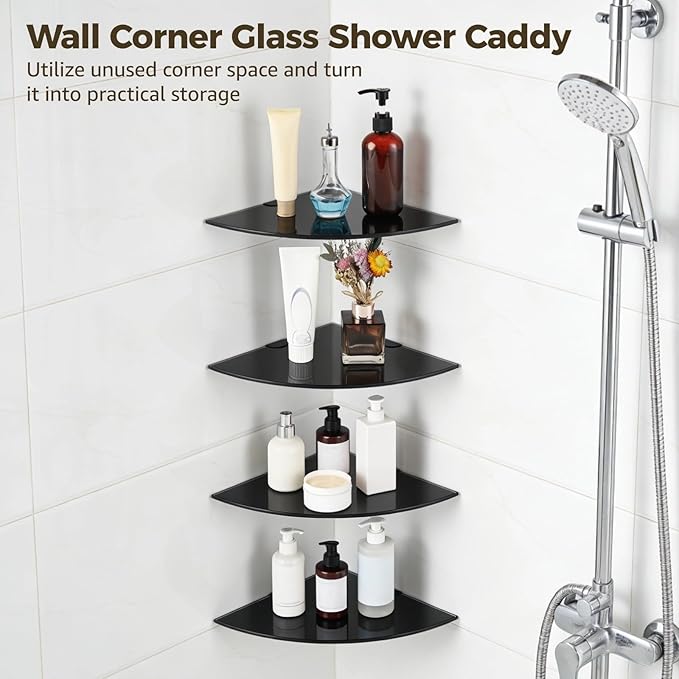 4 PCS Corner Glass Shower Caddy, Thick Tempered Glass Wall Mount Corner Shelves with Metal Brackets Screws, Space Saving Bathroom Organizer for Shampoo Toiletries Kitchen Living Room