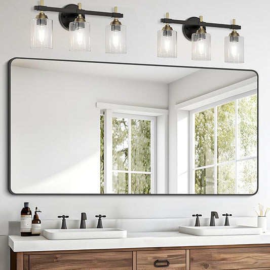 FORBATH Bathroom Mirror 30" X 60"，Large Rectangular Wall Mirror, Black Metal Framed Rounded Corner Wall Mounted Mirror for Bathroom Bedroom Entryway Decor(Horizontal/Vertical)