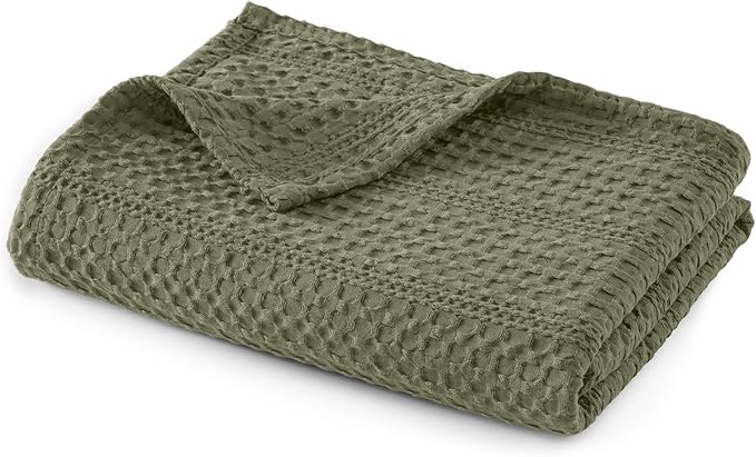 PHF Lightweight Waffle Weave Throw Blanket 50"x 60", Soft Woven Summer Blanket for Hot Sleepers - Aesthetic Home Decor for Couch Bed Sofa, Pet Friendly, Olive Green