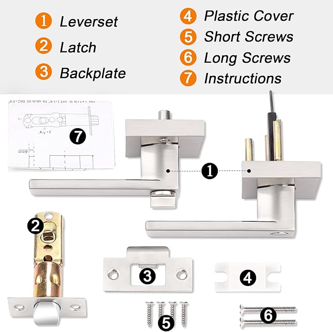 Probrico Heavy Duty Square Satin Nickel Privacy Door Levers, Interior Keyless Locks Bath/Bed Door Locksets, Reversible for Left/Right Handed Doors, 4 Pack