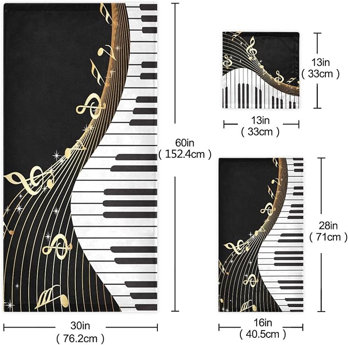 3 Piece Black White Gold Music Theme Bath Towel Set,Microfiber Golden Musical Notes Piano Instrument Decorative Guest Bathroom Towels,1 Bath Towel 1 Hand Towel for Kitchen,1 Washcloth for Face