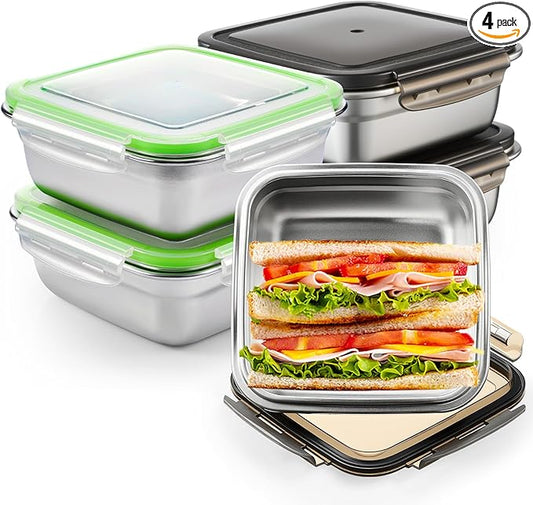 4 Pack Stainless Steel Sandwich Containers with Lids 25.4 oz Metal Food Container for Lunch Boxes with Airtight Silicone Seal for Sandwiches and Snacks (Black, Green)