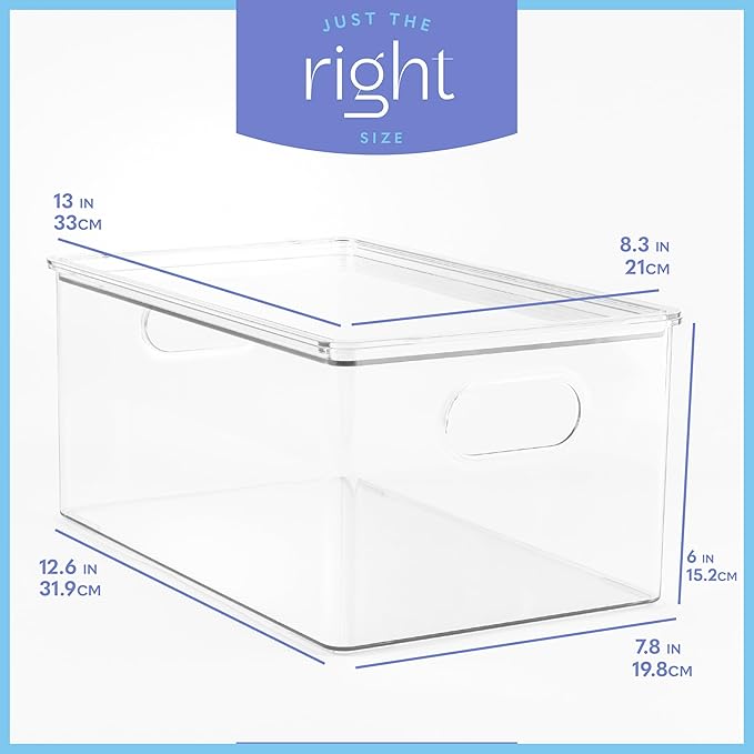 Plastic Clear Stackable Storage Bins with Lids. Great for Pantry or Kitchen Organization. Fridge Organization Containers. Cabinet, Bathroom Organizer. 2 Pack