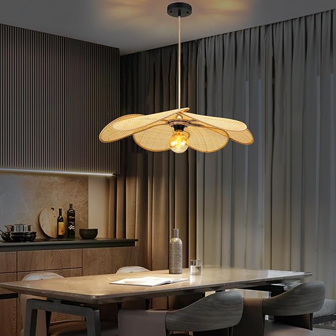 Bamboo Pendant Light Fixture, 24 Inch Flower Handwoven Rattan Lampshade 5”-34.5” Adjustable Height Hanging Lights, Boho Chandelier Ceiling Hanging Lamp for Living Room Kitchen Bedroom(Not Bulb)