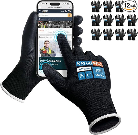 Work Gloves PU Coated for Men and Women, 12 Pairs Safety Work Gloves with Two Fingers Touchscreen, Breathable and Lightweight,Ideal for Light Warehouse, Manufacturing, Gardening, KG11P (XL, Black)