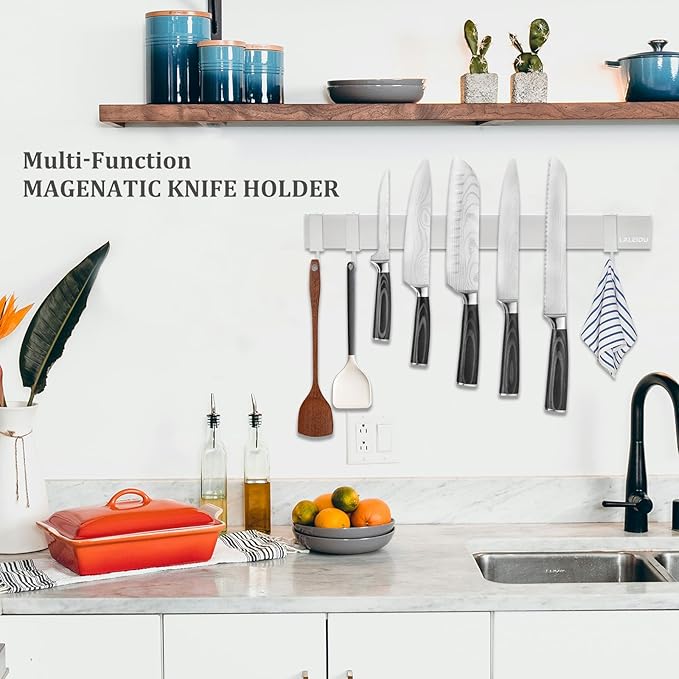 Magnetic Knife Holder for wall, 16 Inch Knife Magnetic Strip with 3 Hooks, Stainless Steel Knife Holder Magnet Rack for Kitchen Organizer, Mount with Adhesive or Screws