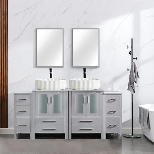 eclife 72" Modern Bathroom Vanity Sink Combo Freestanding Cabinet with Small Side Cabinet, White Shell Ceramic Vessel Sink, Water Save Faucet, Drain (Gray+T54)