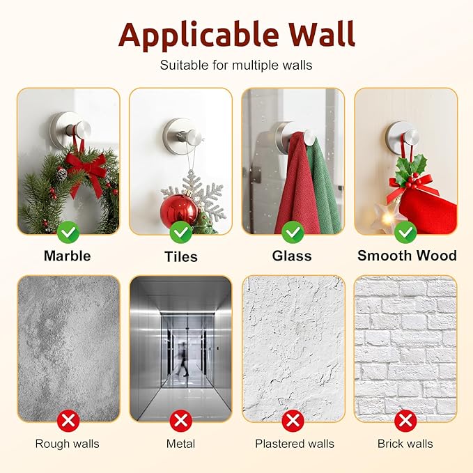 4 Packs Suction Cup Hooks for Shower, Heavy-Duty Wreath Hangers for Front Door, No Drill Glass Door Wreath Hanger Hook No Damage for Walls Bathroom Kitchen Window Mirror Tiles Towel Coat Robe Loofah