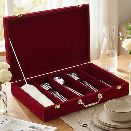 Pickmesh Silverware Case with Lid and Handle, Silverware Storage Box Sterling Silver Flatware Chest Without Silver Tarnish Proof Utensils Organizer for Kitchen Decor Wedding Gifts(Burgundy,1 Layer)