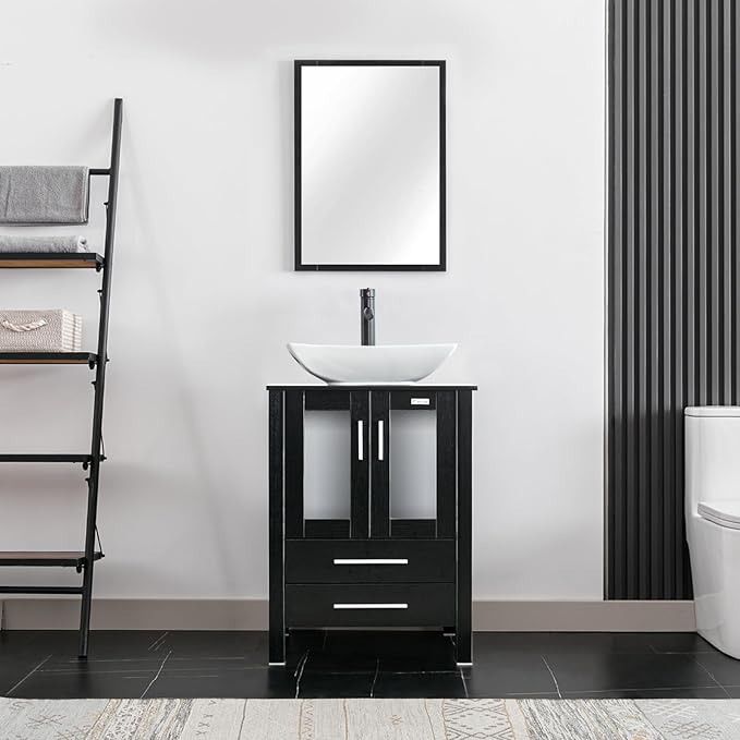 eclife 24" Modern Bathroom Vanity Sink Combo Freestanding Cabinet with Soft Closing Door, White Curved Ceramic Vessel Sink, Water Save Faucet, Drain (Black+T32)