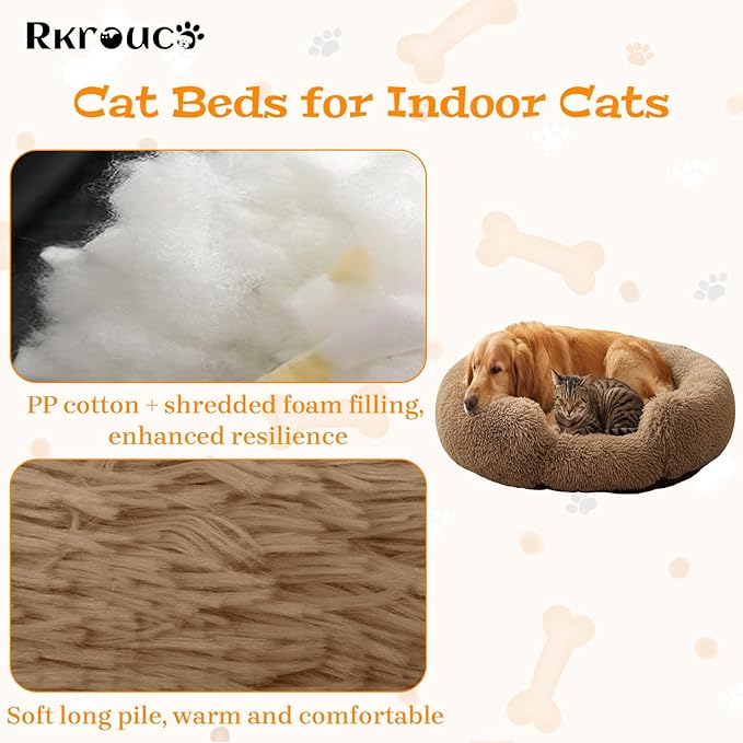 Fluffy Dog Bed Calming Donut Beds for Large Dogs Warming Round Small Medium Pet Nest Cozy Cat Mattress Indoor Washable Puppy Kennel Kittens Sleep Mat (L, 35.4×35.4 inch, Light Brown)