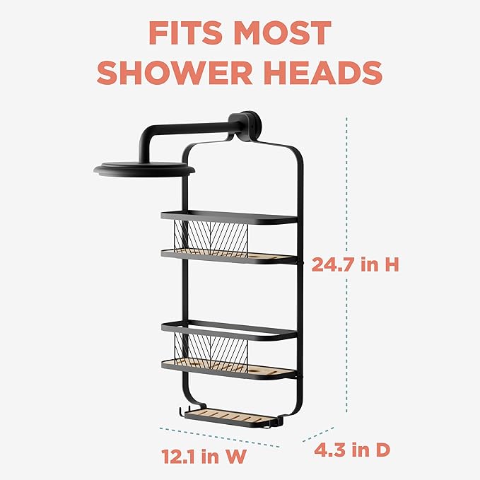 Zenna Home Hanging Shower Caddy, Over The Shower Head Caddy with 2 Bamboo Shelves and Soap Dish, Easy to Install Bathroom Hanging Organizer, Matte Black