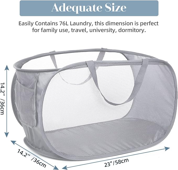 4 Pack Collapsible Laundry Baskets, Foldable Laundry Basket with Pocket, Durable Mesh Pop Up Hampers, Reinforced Handles Dirty Clothes Hamper for Laundry, Bedroom, Bathroom, Dorm, Travel or Camping