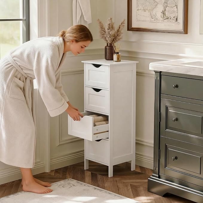 VINGLI White Bathroom Storage Cabinet with 4 Drawers Wooden Freestanding Slim Bathroom Floor Cabinet Small Side Organizer Storage Unit for Restroom Livng Room Kitchen Office Hallway Entryway