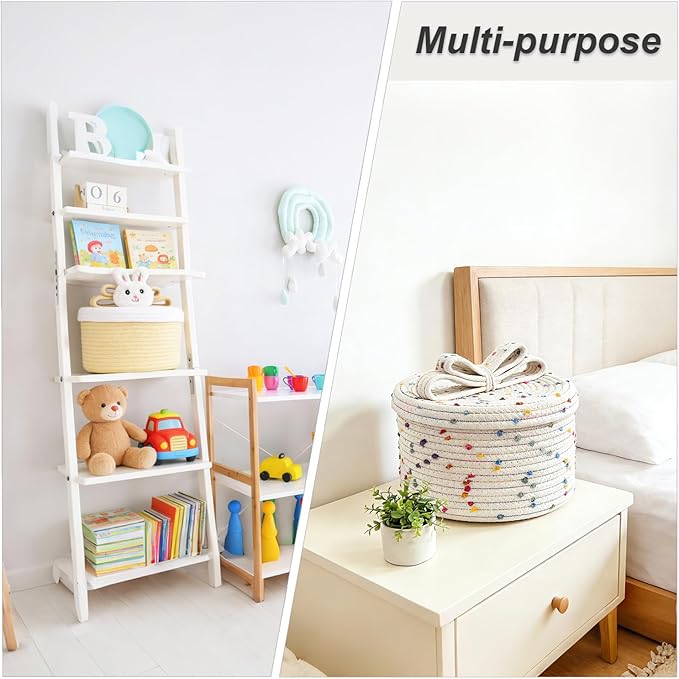 Cute Storage Baskets with Lids, Small Round Woven Rope Basket with Lid, Small Toy Box for Kids, Cat or Dog, Cute Basket for Gift, Toy or Home Decor, Chic Bow Handle (pink)