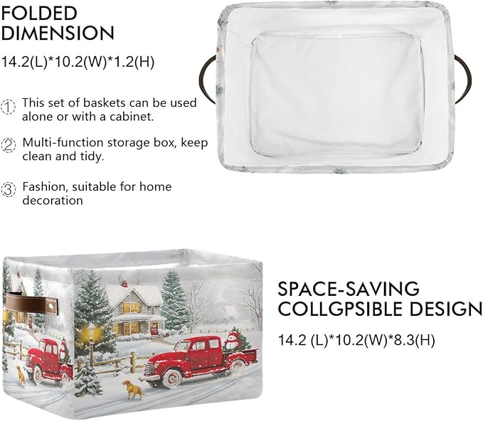 Red Truck Christmas Storage Basket Bin Xmas Tree Winter Snowman Fabric Storage Box Cube with Handles Kids Toys Hamper Closet Shelves Basket Organizer for Bedroom Nursery Home Decorative