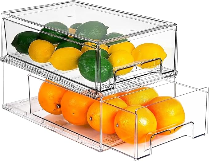 bealy 2 Pack Stackable Clear Storage Drawer,Clear Refrigerator Organizers and Storage Drawer, Pull Out Drawer for Fridge Kitchen Bathroom Cabinet Closet Office Organizer