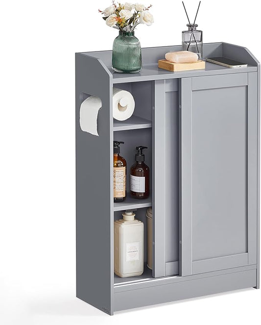 VASAGLE Narrow Storage Cabinet, Slim Floor Cabinet with Sliding Doors, Toilet Paper Holder and Brush Compartment, for Bathroom and Living Room, 7.9 x 23.6 x 31.5 Inches, Dove Gray UBBC752G02