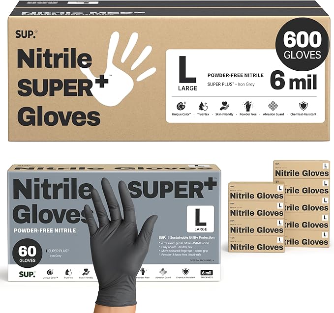 SUPER+ Black Nitrile Gloves HEAVY DUTY 6 Mil Disposable Chemical Resistant Powder & Latex Free Medical Cooking Cleaning 600Ct