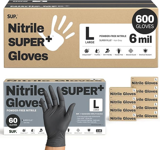 SUPER+ Black Nitrile Gloves HEAVY DUTY 6 Mil Disposable Chemical Resistant Powder & Latex Free Medical Cooking Cleaning 600Ct