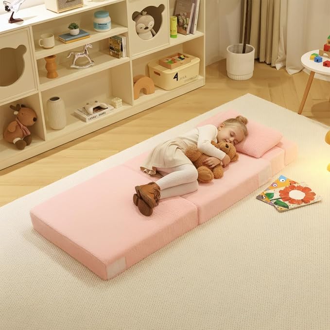 Tiita Convertible Folding Kids Sofa Bed with Pillow & Storage Bag, Plush Fabric Floor Mattress Couch Bed, Washable Cover, Kids Room, Playroom, Dorm, Apartment, Pink