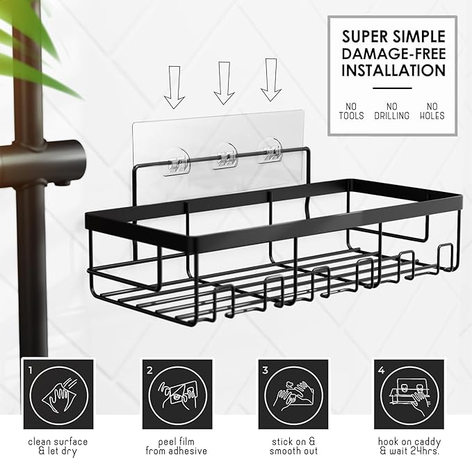 Clara Clark Bathroom Accessories Set - Bathroom Set with Adhesive Corner Shower Caddy Hanging, 25PC Bathroom Accessory Set, Black Shower Curtain Set, Toilet Brush, Trash Can & Soap Dispenser