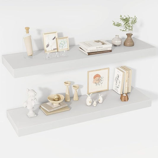 40 Inch Floating Shelves, 12" Deep Floating Shelf Wall Mounted, 40" Wall Shelves, Rustic Deep Bookshelf, Extra Deeper & Thicker Display Shelves for Bedroom, Living Room, White, Set of 2