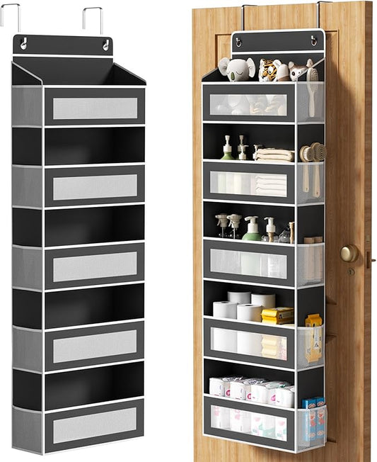 Over The Door Organizer with 5 Large Pockets, Over the Door Storage 10 Side Pockets 44 lb Load Behind Door Storage, Door Organizer Hanging Shelf for Closet Wall Bedroom Bathroom Nursery, 5-Tier Black