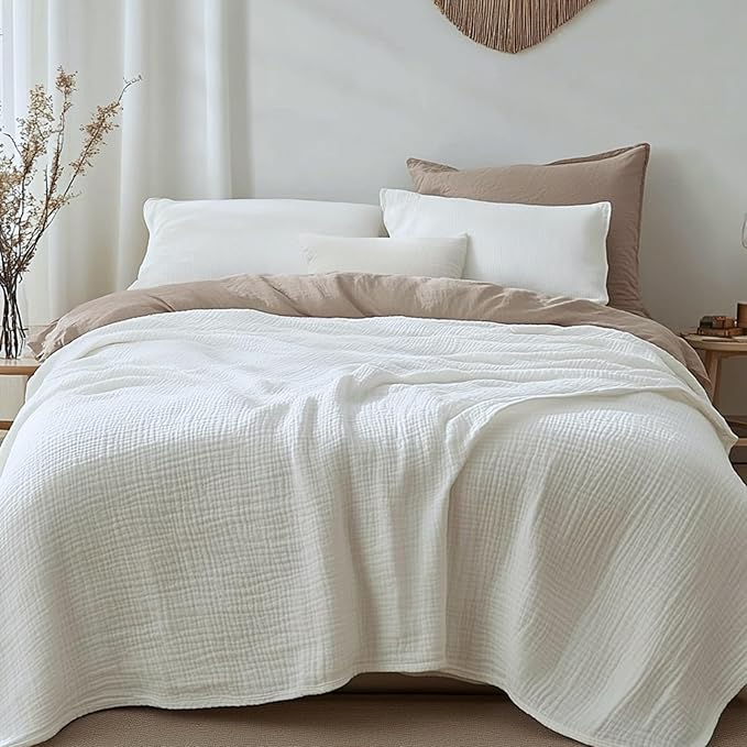 Muslin Blanket 100% Cotton Blanket Throw 60”x80”, Lightweight Breathable Summer Throw. Supersoft 4-Layer Gauze Throw Blanket for Sofa, Couch, Bed, All-Season Use, Ivory