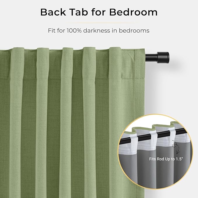 INOVADAY 100% Blackout Curtains for Bedroom, Black Out Curtains 96 Inch Long, Clip Rings Linen Blackout Drapes, Thermal Insulated Room Darkening for Living Room, 2 Panels - Sage Green,W50xL96