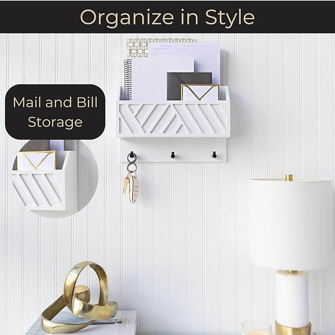 BLU MONACO | Wall Mount Key Holder with Mail Organizer | Wooden Command Center with 3 Hooks and 2-Tier Letter Pockets | Entryway Mail Sorter & Key Rack | White Geometric Wall Organizer for Office Home