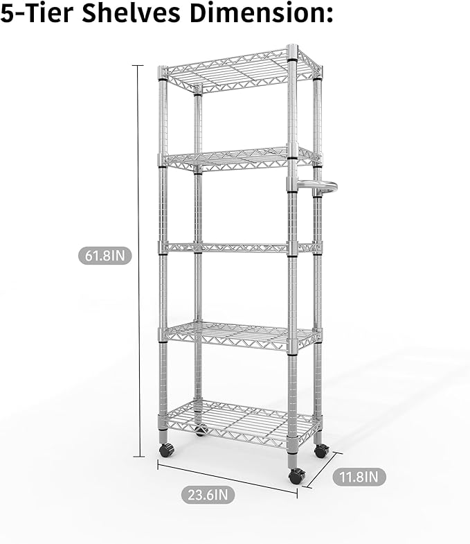 5-Tier Storage Shelves with Wheels and Adjustable Shelf, Heavy Duty Metal Shelving Unit Wire Rack Rolling Storage Shelving for Pantry Kitchen Garage Bedroom, 61" H x 23.6" W x 11.8" D