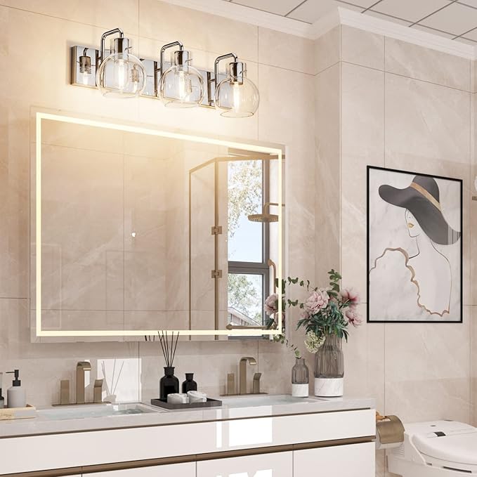 Tipace Modern Bathroom Vanity Lighting Fixtures 3-Lights Industrial Stainless Steel Chrome Finish with Globe Clear Glass Vanity Lights Farmhouse Bath Lighting(Exclude Bulb)