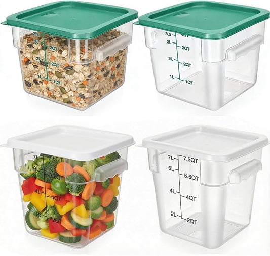 Lallisa 4 Pcs 8qt & 4qt Clear Food Storage Containers with Lids Handles and Scales, Stackable Plastic Square Food Storage Containers for Dough Proofing Baking Kitchen Restaurant(White, Green)