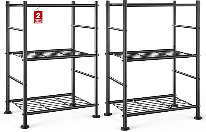 2-Pack Storage Shelves - 3-Tier Metal Wire Shelf Organizer, Slim Shelf Rack with Adjustable Feet for Laundry Room, Kitchen, Garage Organization, 18.2" x 12.3" x 30.4", Black