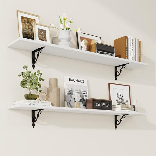 RICHFOCUS Floating Shelves for Wall Decor, 47.3W x 8D Shelves Set of 2, 8 Inch Deep Rustic Wood Shelves Wall Mounted with Brackets, Long Floating Shelves for Living Room Bedroom Kitchen, White
