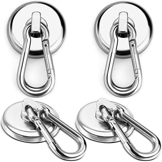 E BAVITE Magnetic Hooks,100LBS Strong Heavy Duty Neodymium Magnet Hooks with Swivel Carabiner Hook,Great for Your Kitchen,Refrigerator and Other Magnetic Surfaces(4 Pack), Silvery