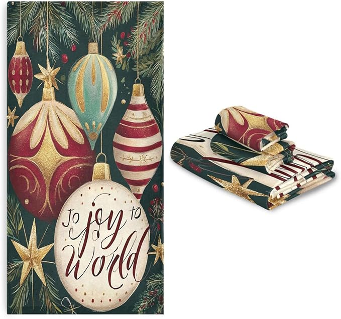 Christmas Winter Towels Set of 3 Holly Ball Ornament Joy Bathroom Towel Soft Absorbent Bath Hand Towels Washcloth Guest Towel Sets Xmas Holiday Decor