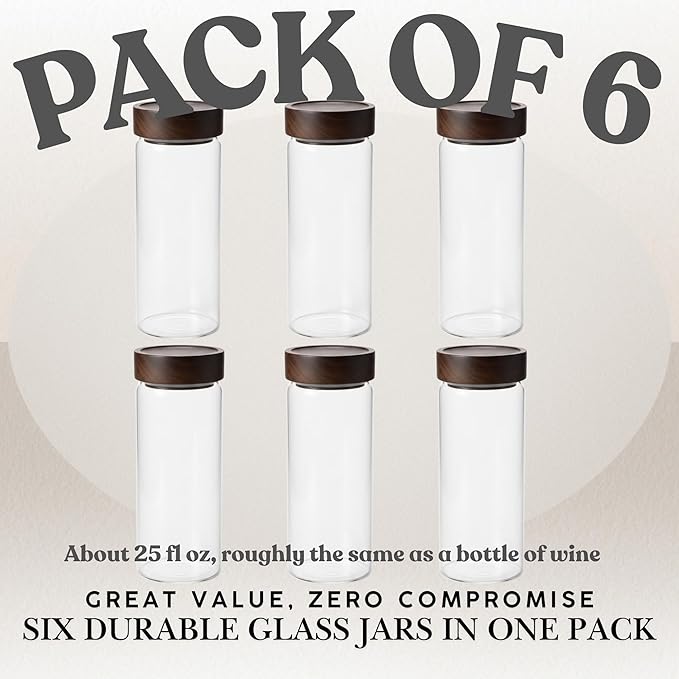 Sixhaven Wide Mouth Glass Storage Jars With 3" Acacia Wood Lids - 6 Pack of 25.3 Oz Airtight Food Storage Containers - Borosilicate Glass Canisters for Kitchen - Pantry Organizers Storage for Coffee