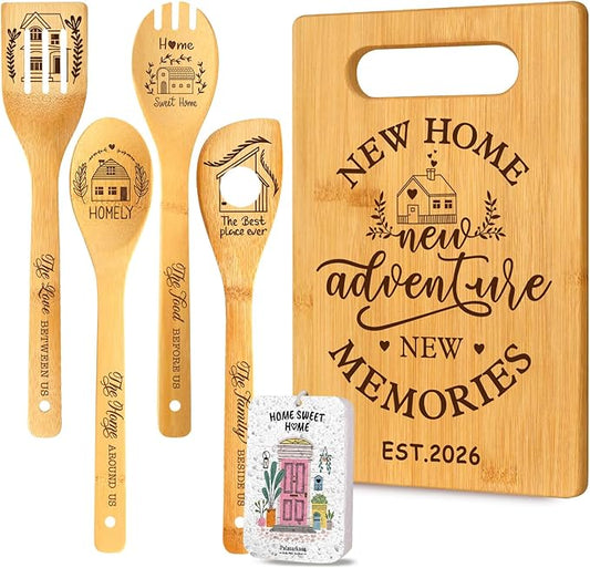 6 Pcs Housewarming Gifts Set for Women Friends Neighbor, New Home Essentials with Bamboo Cutting Board & 4 Blessing Spoons, New Home New adventure New Memories 2026