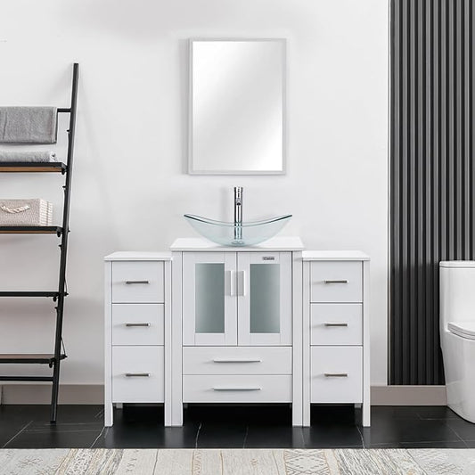 eclife 48" Modern Bathroom Vanity Sink Combo Freestanding Cabinet with Small Side Cabinet, Clear Boat Glass Vessel Sink, Water Save Faucet, Drain (White+A29TT)