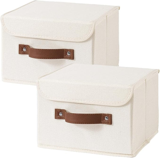2PCS Collapsible Storage Boxes Baskets with Lid Cotton Linen Fabric Storage Bins with Faux Leather Handles Washable Cube Organizer Container for Home Closet Bedroom (Beige, Small Size)