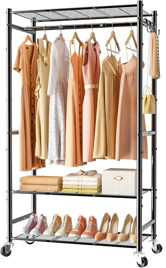 Rolling Clothes Rack for Hanging Clothes,Heavy Duty Garment Rack with 3 Tier Wire Shelves,Freestanding Portable Clothing Rack Wardrobe Rack, Black