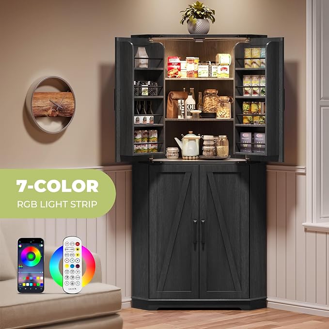 Dripex 71" Corner Cabinet Black, Farmhouse Kitchen Pantry Cabinet with Doors Storage & Adjustable Shelves, Tall Corner Storage Cabinet with LED Light, Food Pantry for Living Room, Dining Room